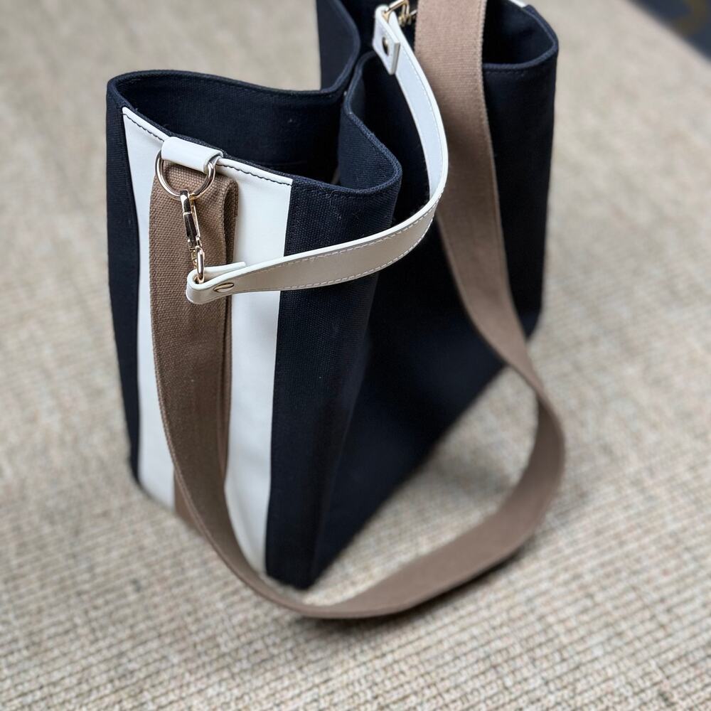 🖤 Buck-It Color-Block Canvas Tote Bag | Black/White/Tan